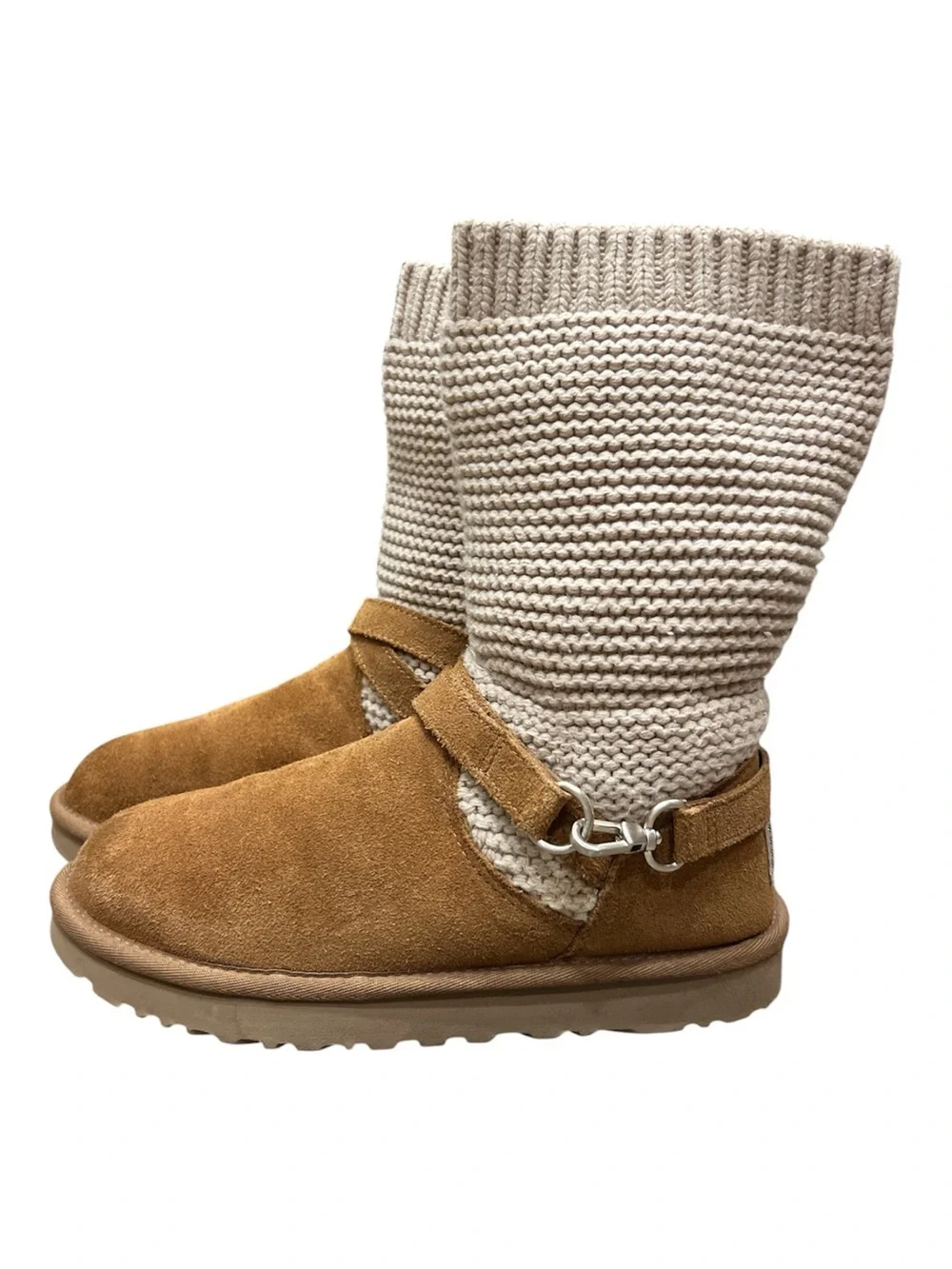 UGG Chestnut Suede Ankle Boots with Cream Knit Shaft  purl sweater knit  Boots 8